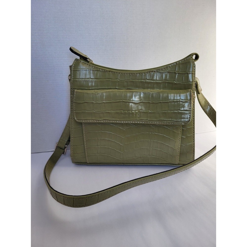Liz Claiborne Crazy Horse Olive Green 8" Handbag Faux Leather Crocodile Reptile